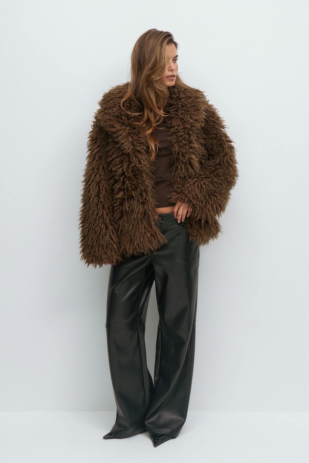 Faux fur short jacket - Marron
