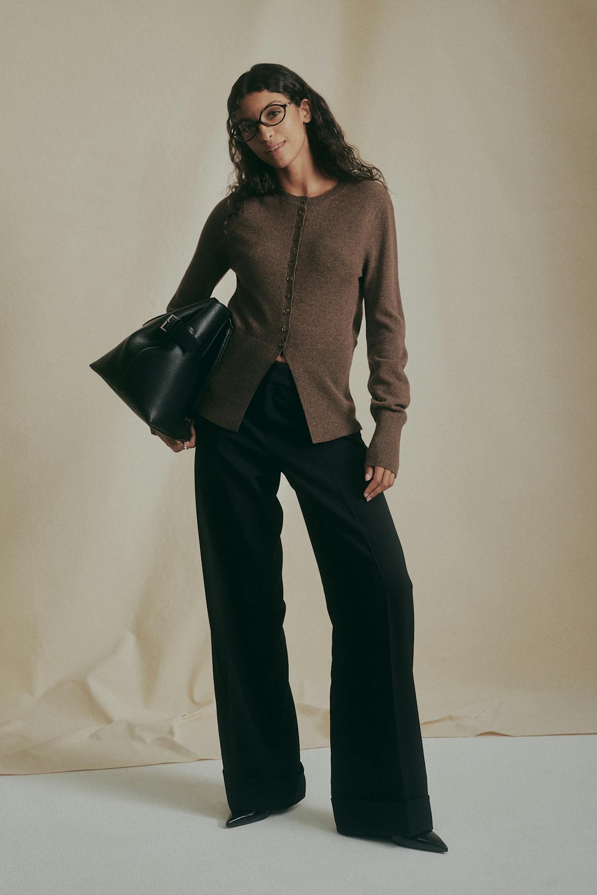 Shaped knitted wool cardigan - Brown melange