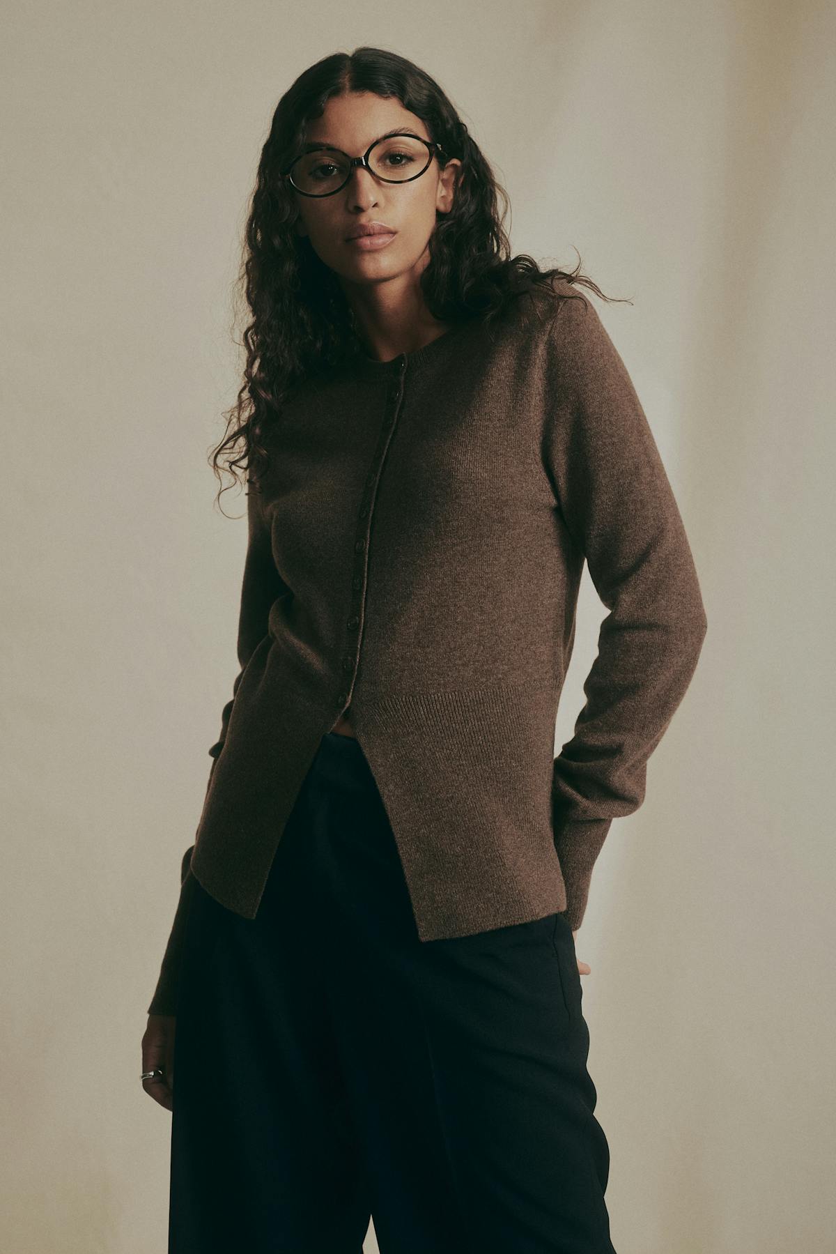 Shaped knitted wool cardigan - Brown melange