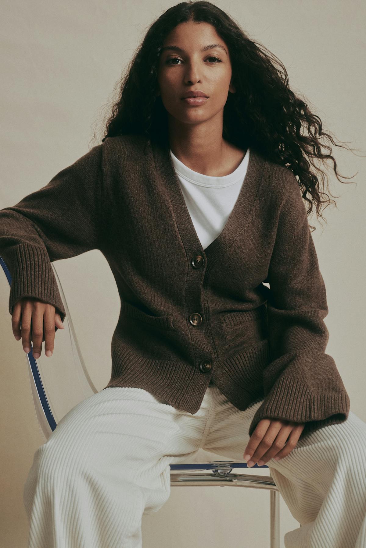 Merino wool knitted cardigan - Brown melange