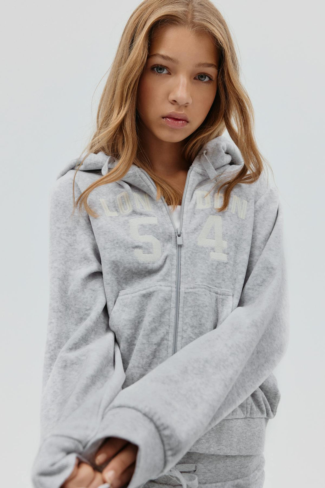 Y velour zip hood - Lt grey melange