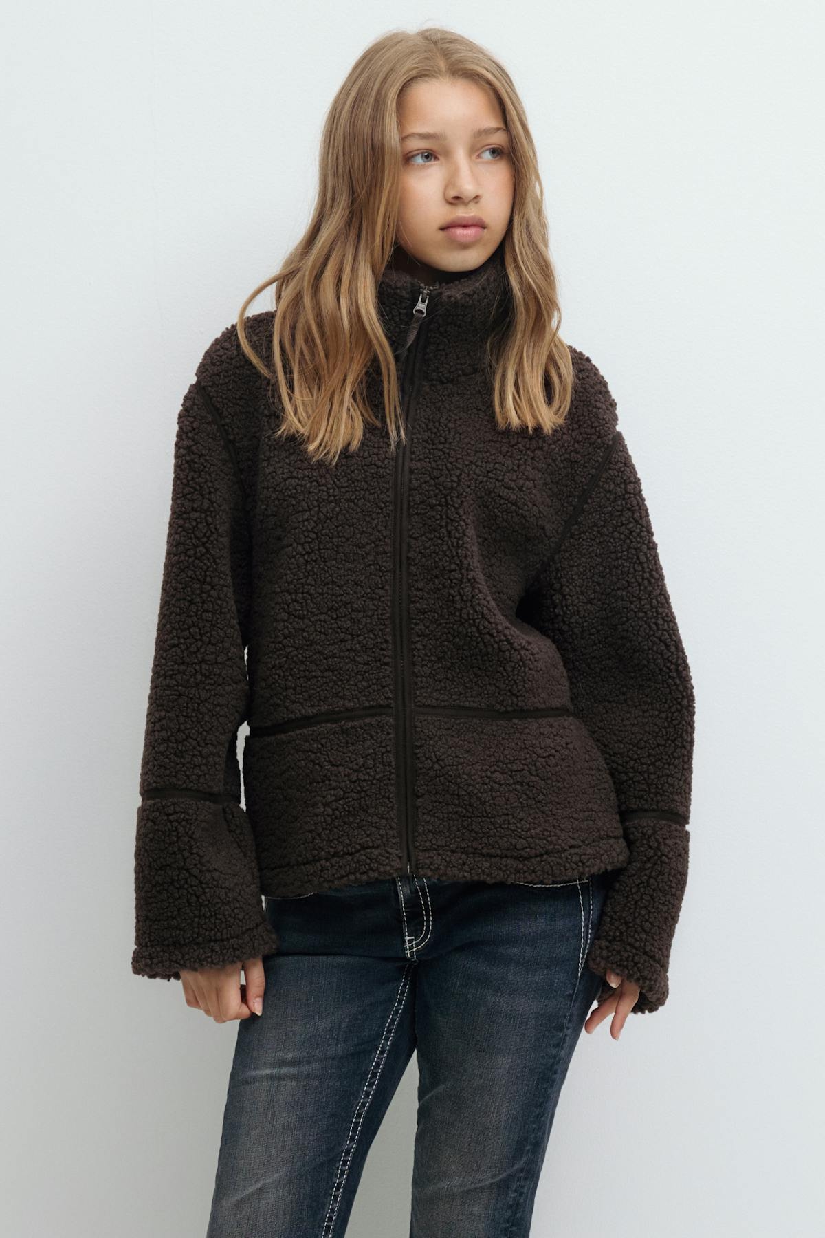 Y pile zip jacket - Marron foncé