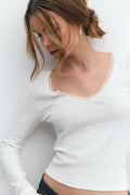 V-neck lace detail top - Blanc cassé