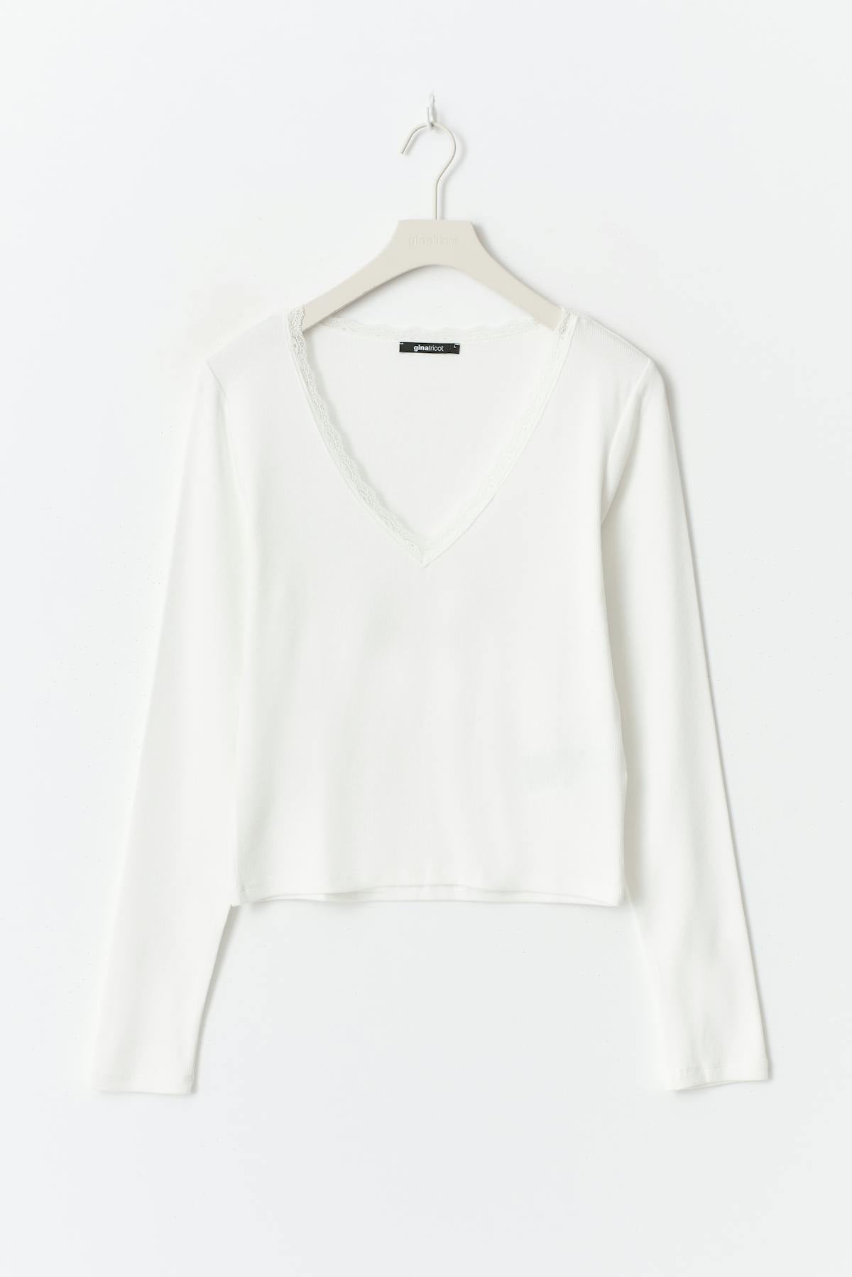 V-neck lace detail top - Blanc cassé
