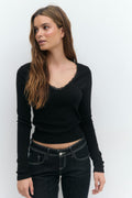 V-neck lace detail top - Blanc cassé