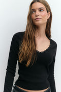 V-neck lace detail top - Blanc cassé