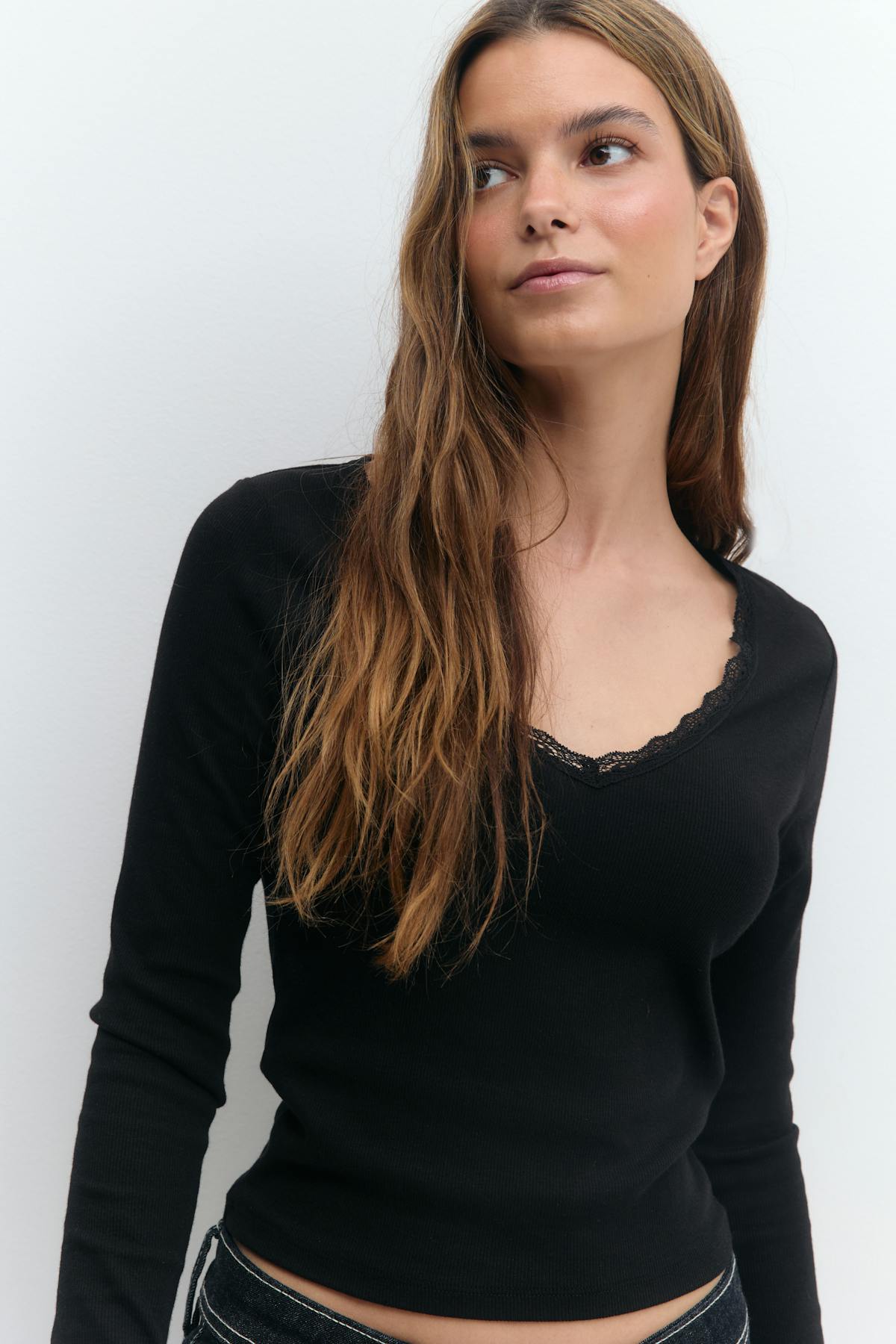V-neck lace detail top - Blanc cassé