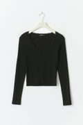 V-neck lace detail top - Noir
