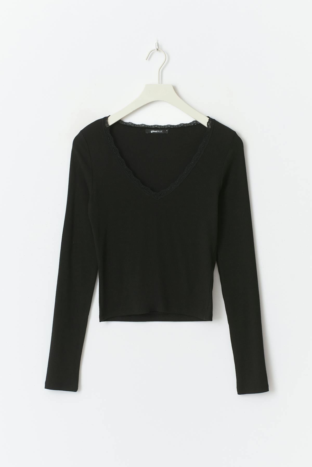 V-neck lace detail top - Noir