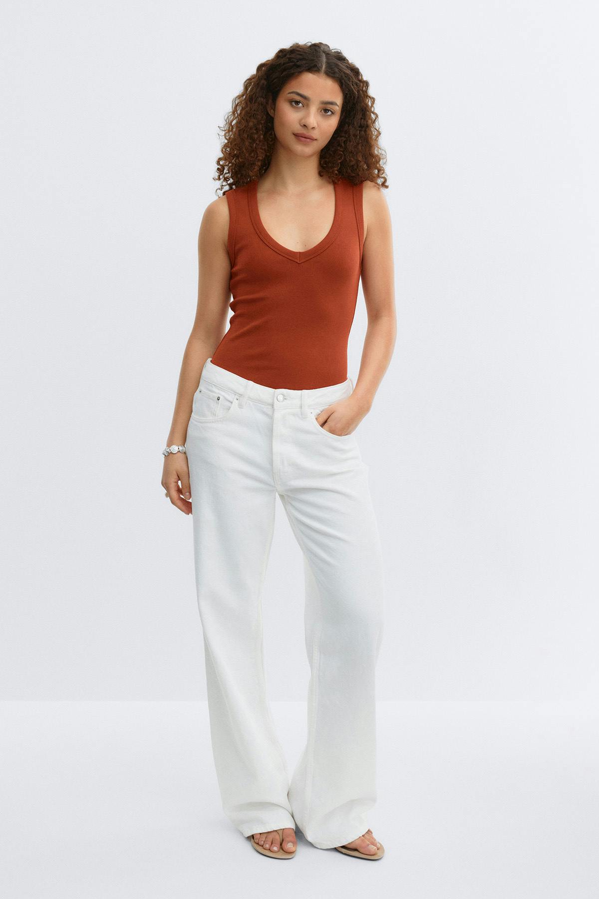Tight v-neck rib tank - Anise flower