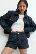 Tweed denim shorts - Mid blue