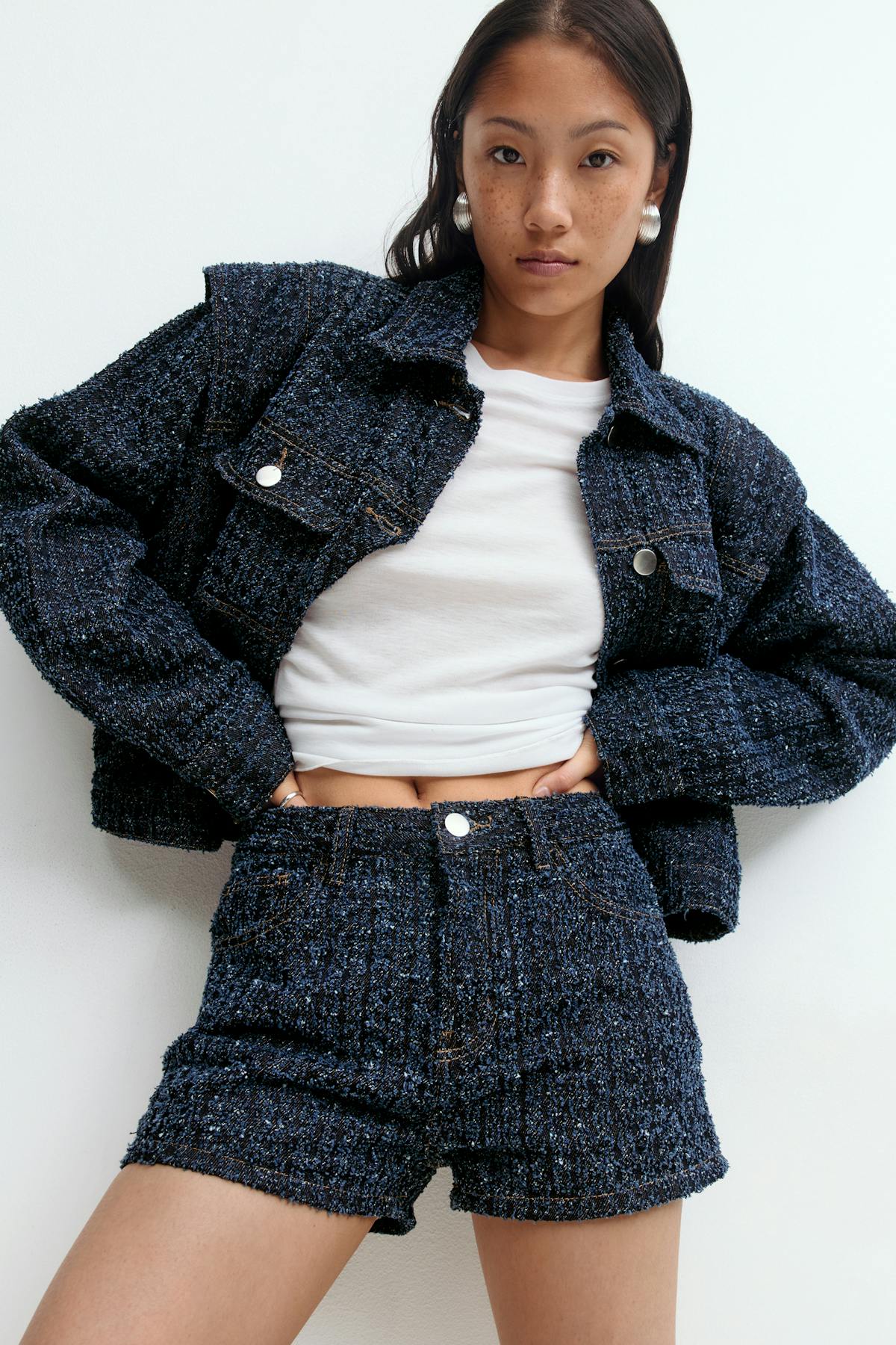 Tweed denim shorts - Mid blue