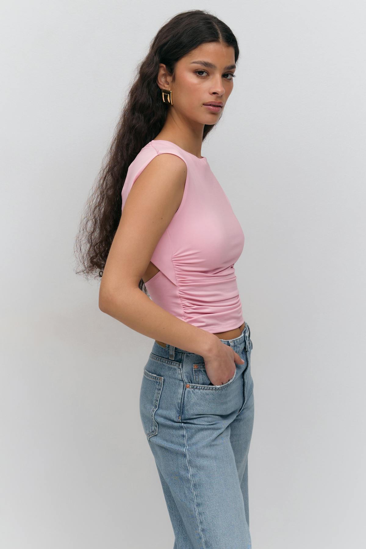 Short sleeve open back top - Noir