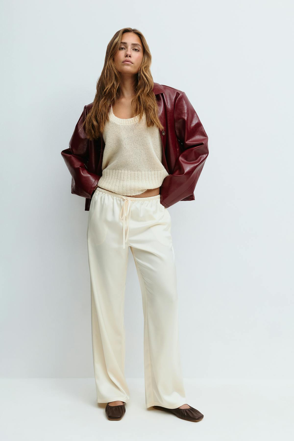 Drawstring satin trousers - Egret