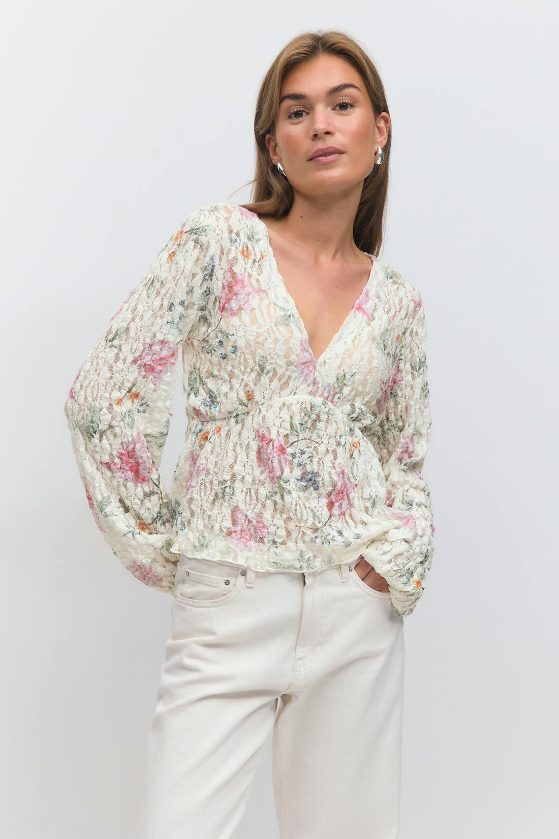 Lace long sleeve top - Flower aop