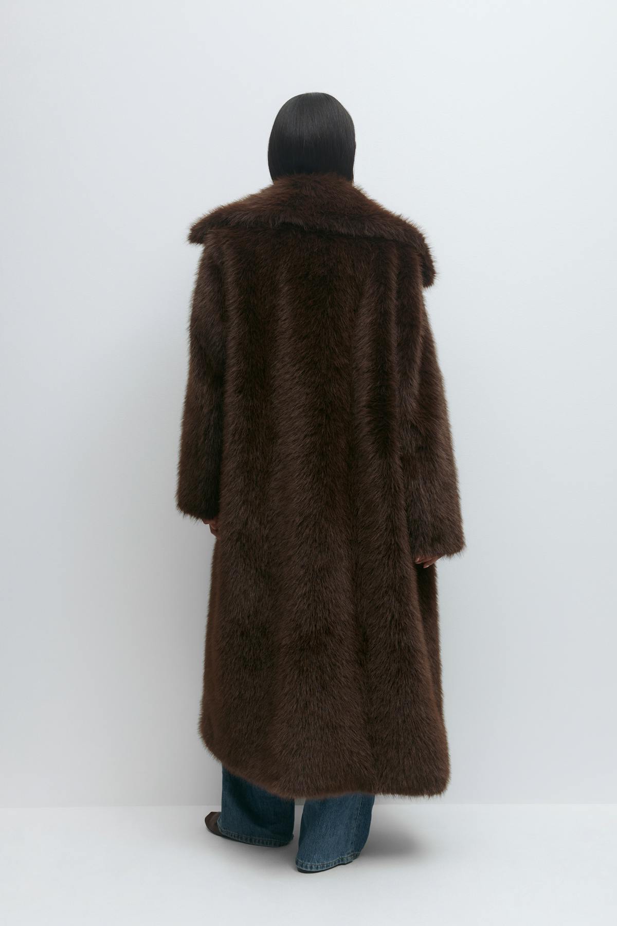 Faux fur long coat - Marron foncé
