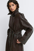 Belted pu trench coat - Marron foncé