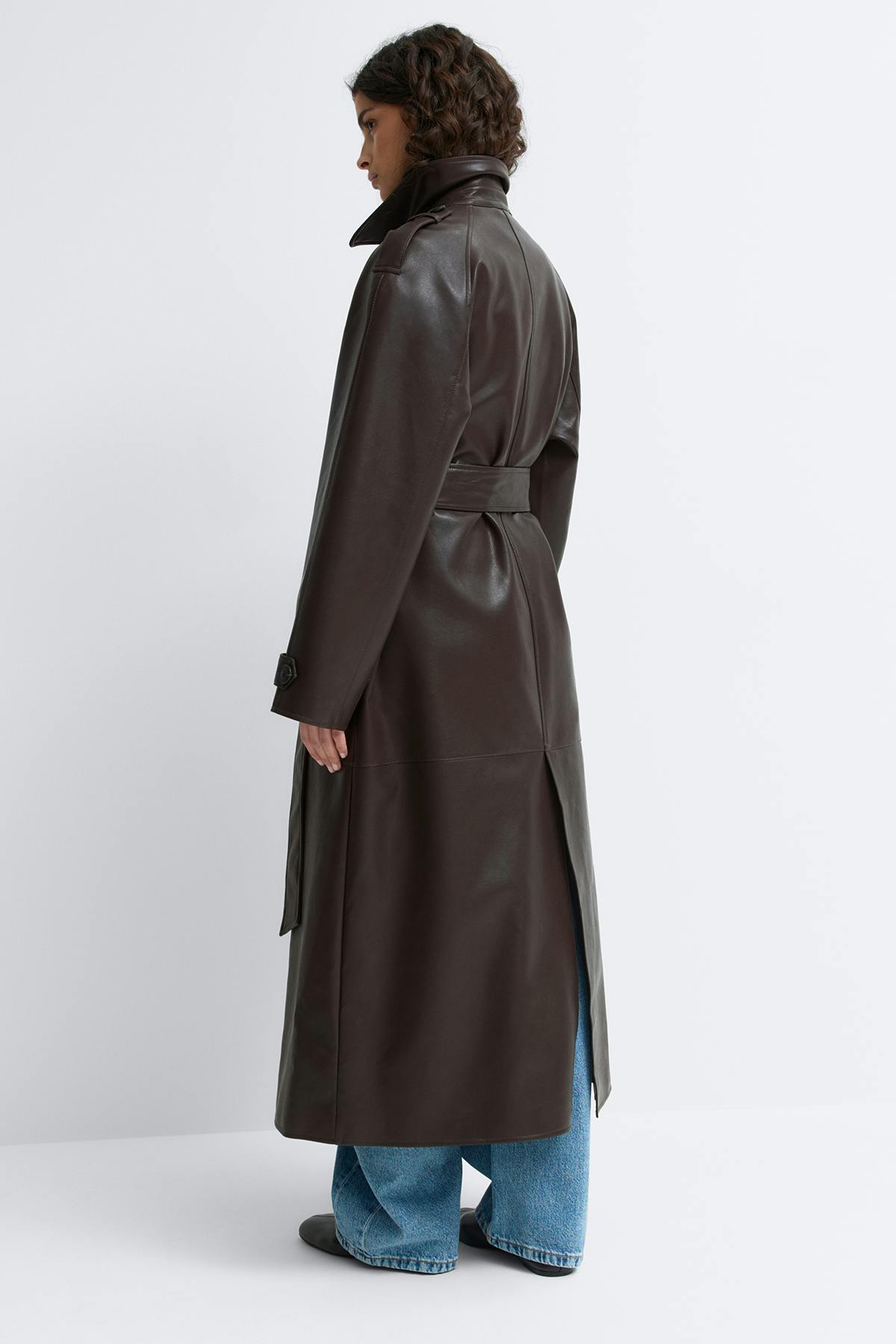 Belted pu trench coat - Marron foncé