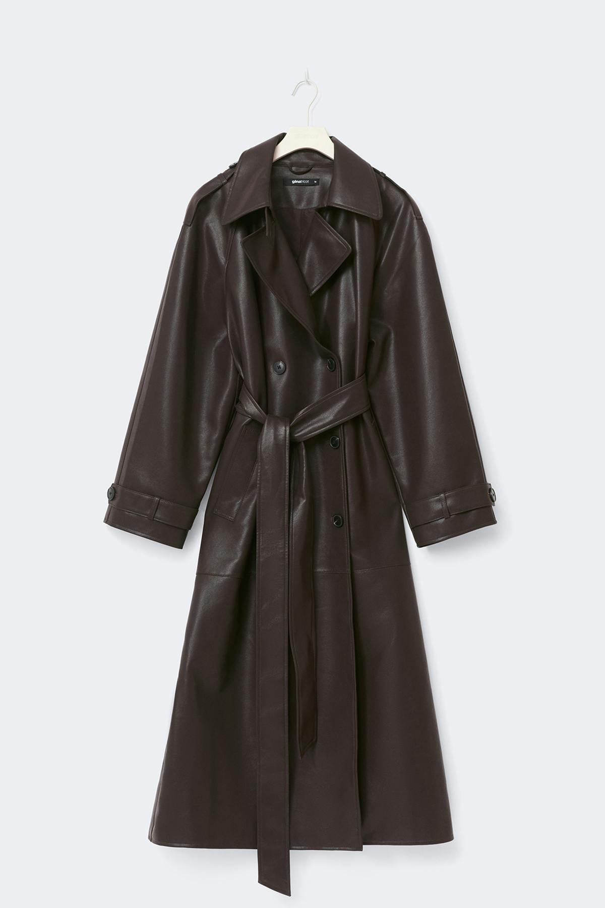 Belted pu trench coat - Marron foncé