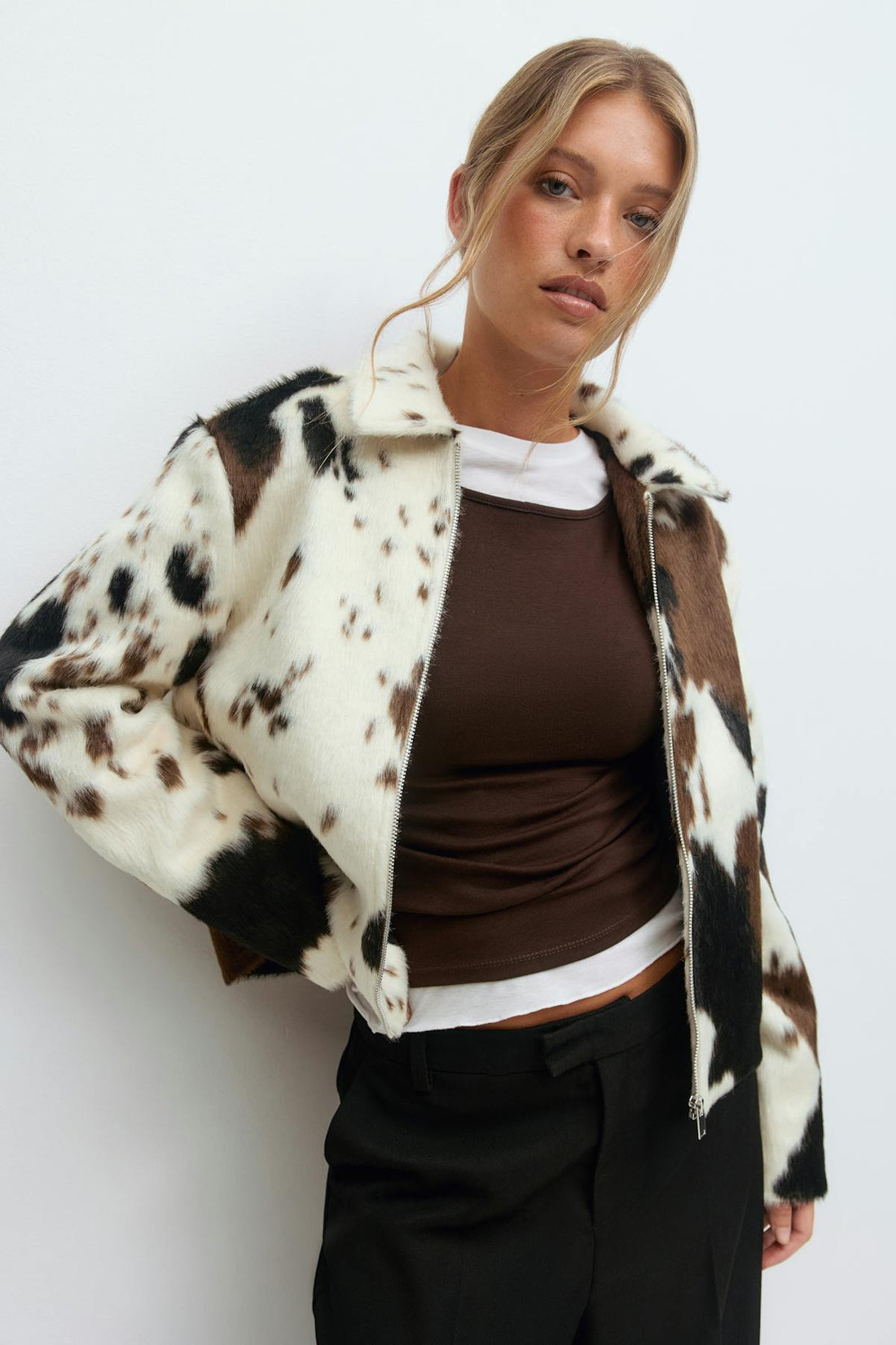 Faux fur cow print jacket - Cow aop