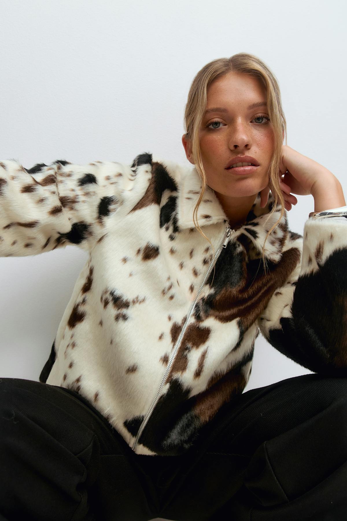Faux fur cow print jacket - Cow aop