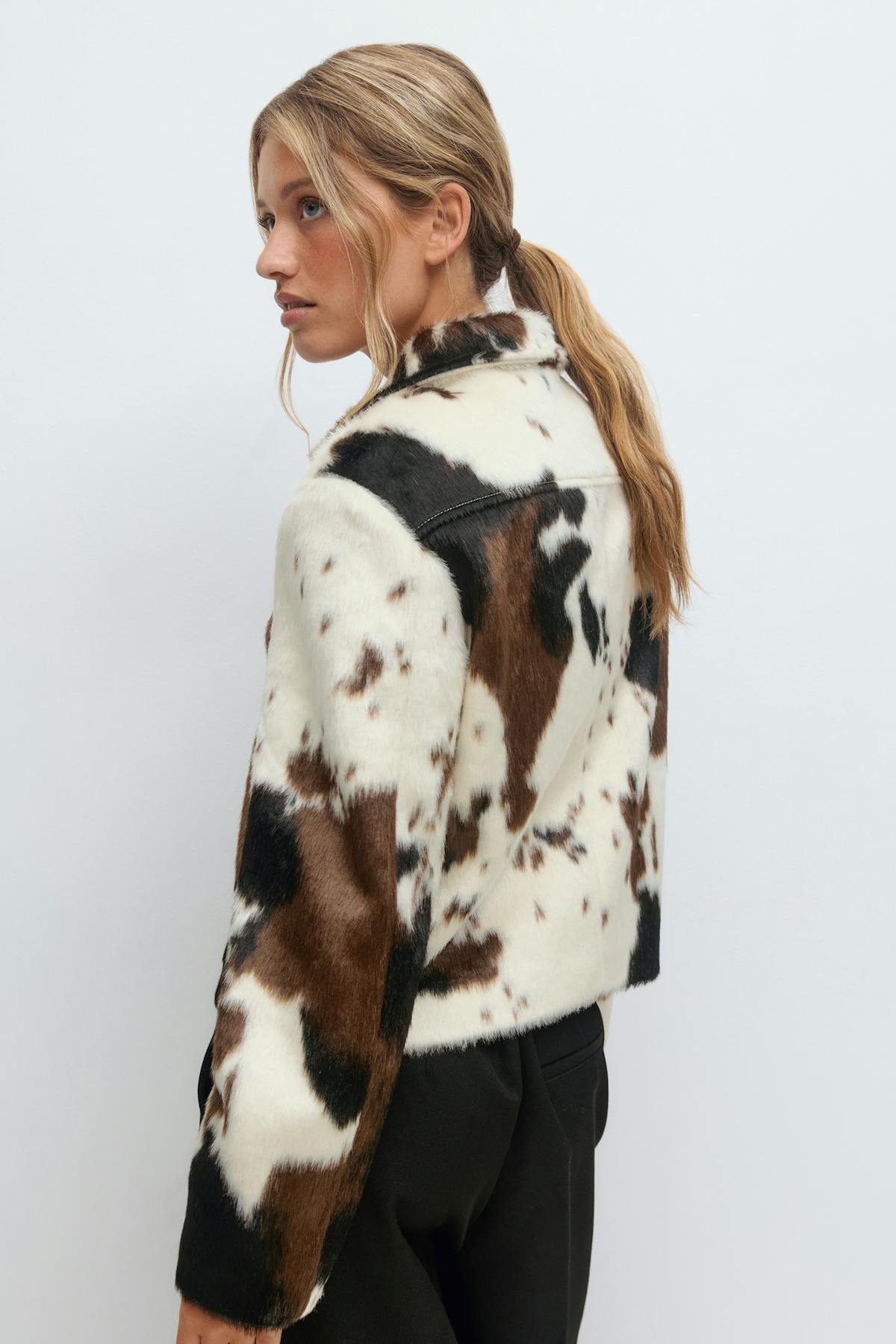 Faux fur cow print jacket - Cow aop