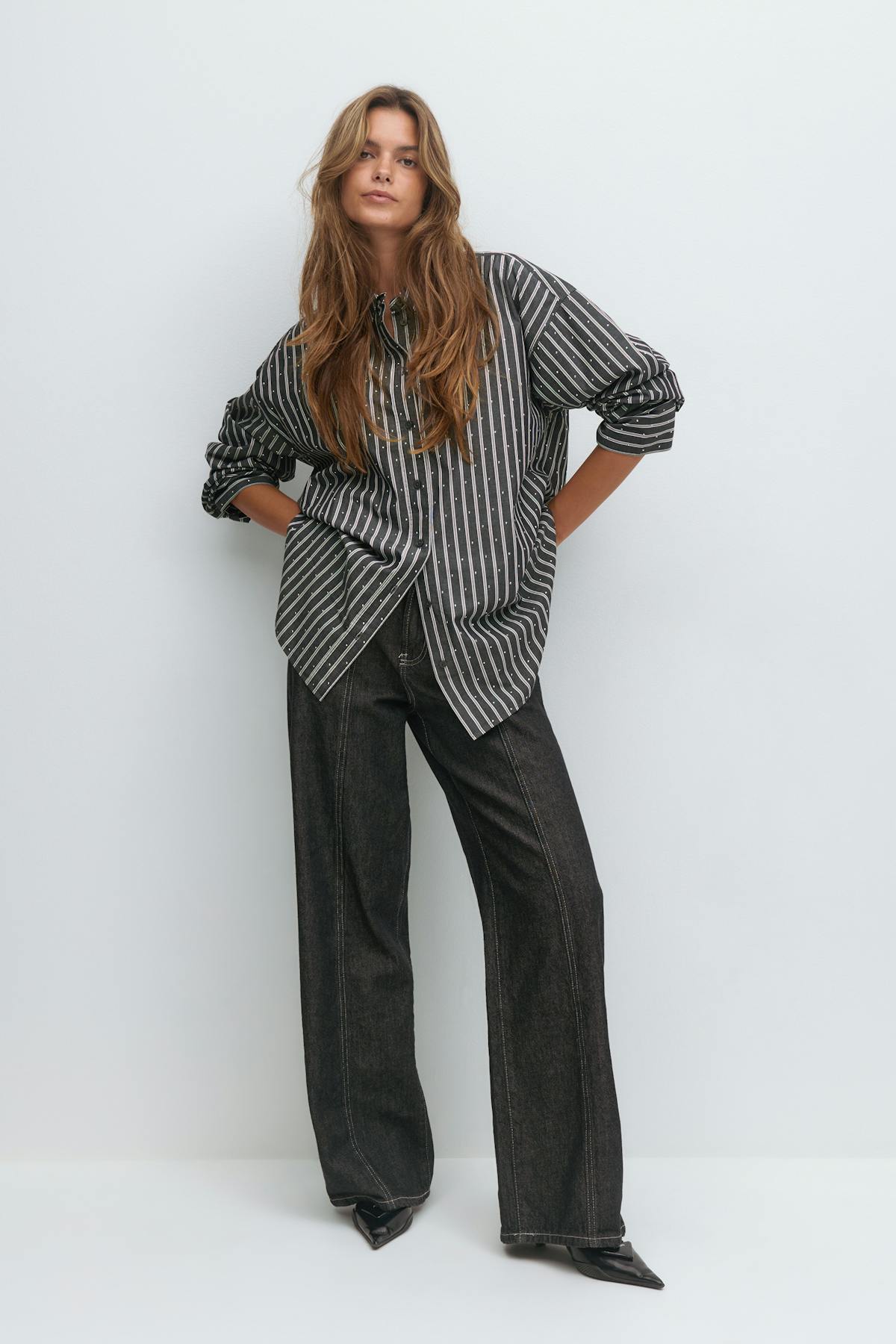 Oversized rhinestone shirt - Grey/stripe