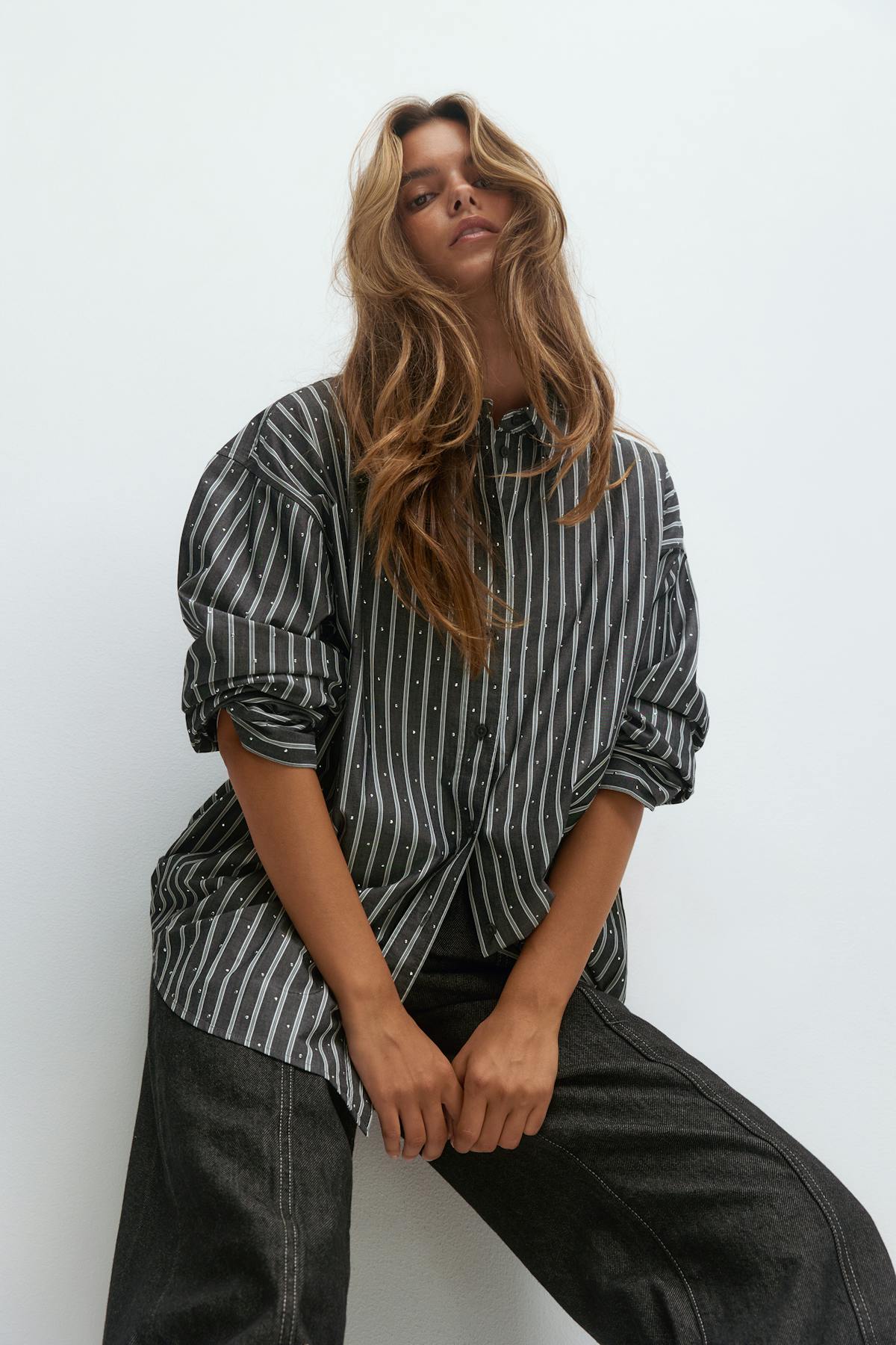 Oversized rhinestone shirt - Grey/stripe