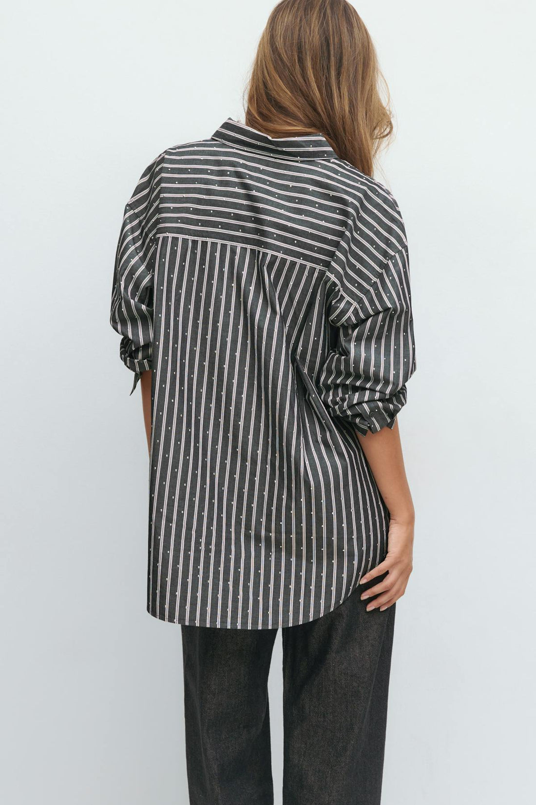 Oversized rhinestone shirt - Grey/stripe