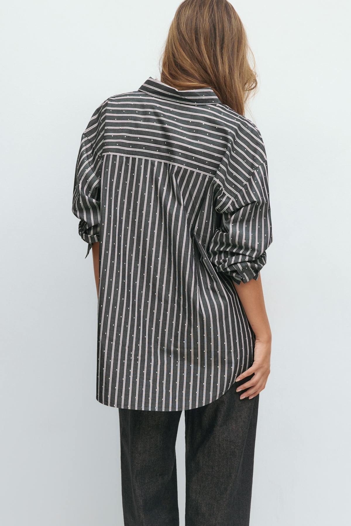 Oversized rhinestone shirt - Grey/stripe