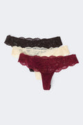 3-pack scallop lace thong - Black/red