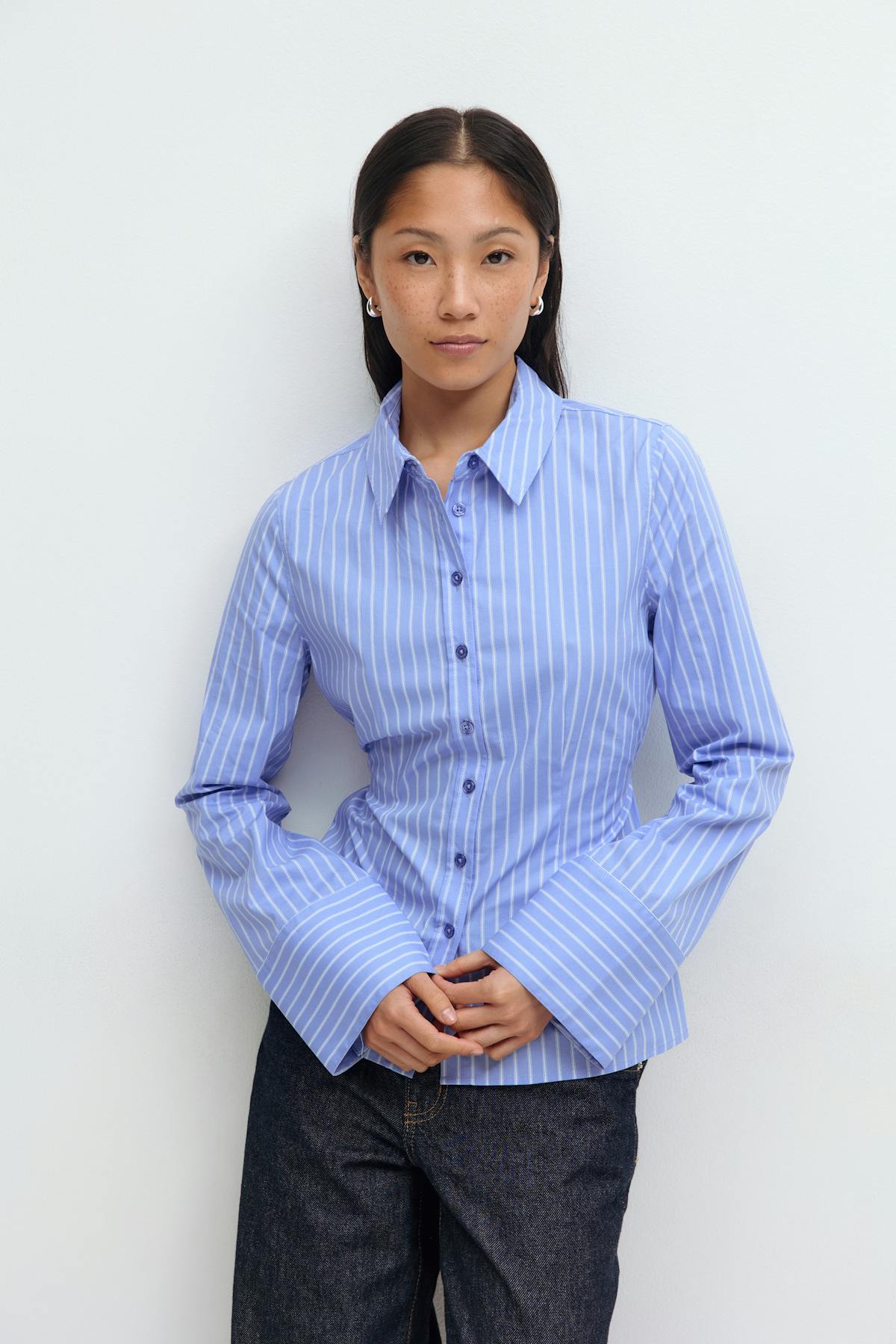 Shaped tie blouse - Blue stripe