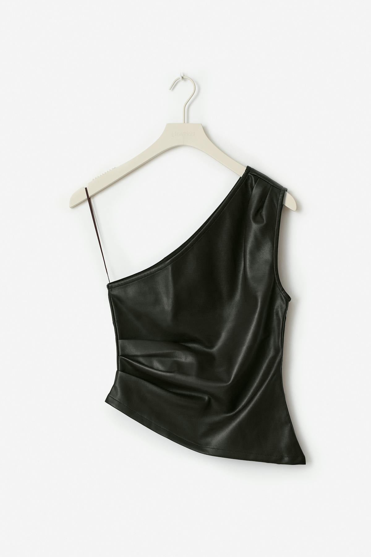 One shoulder pu top - Noir