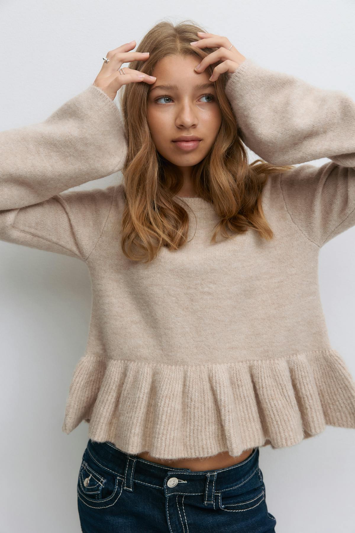 Y knitted peplum sweater - Beige