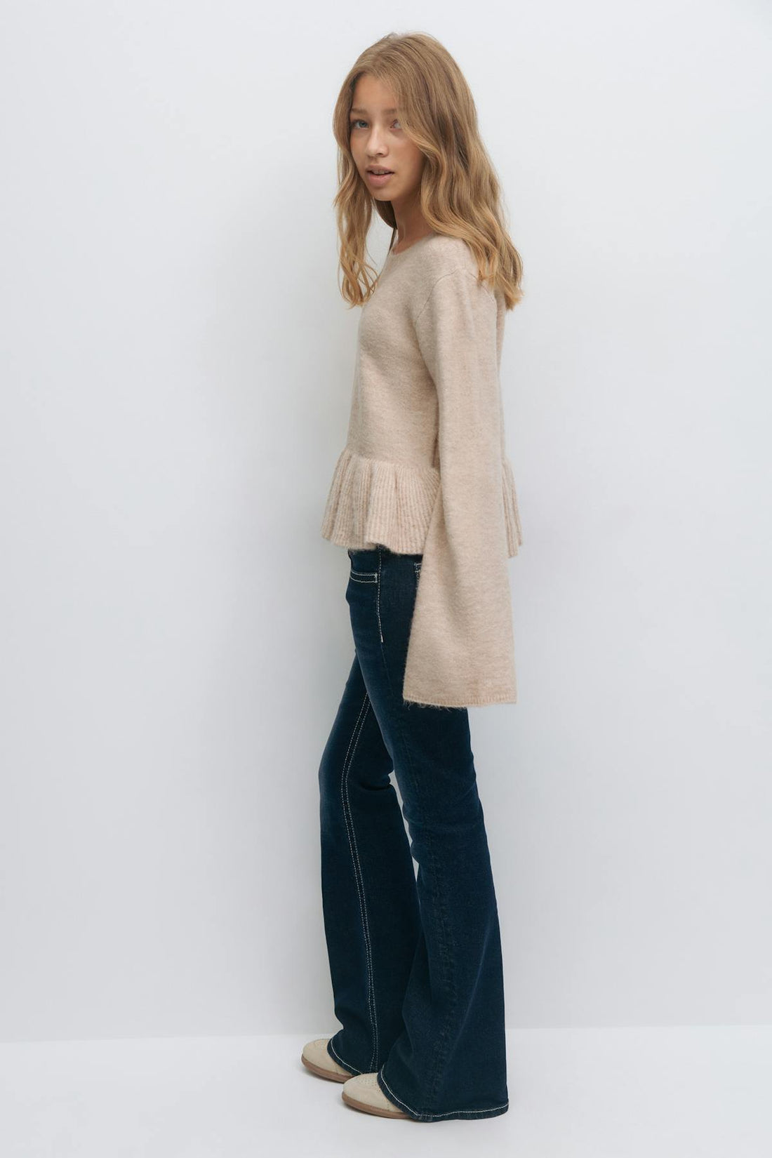 Y knitted peplum sweater - Beige