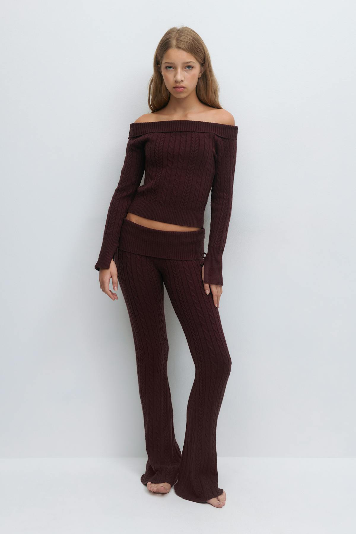 Y cable knitted pants - Red wine