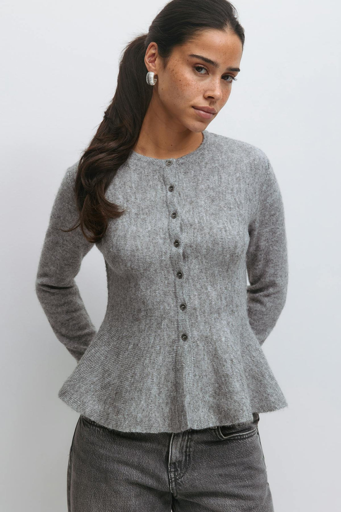 Knitted peplum cardigan - Grey melange