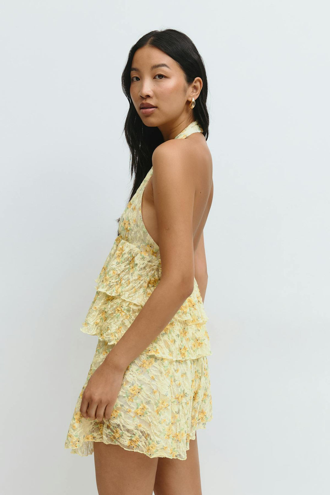 Printed lace halterneck top - Yellow ditsy