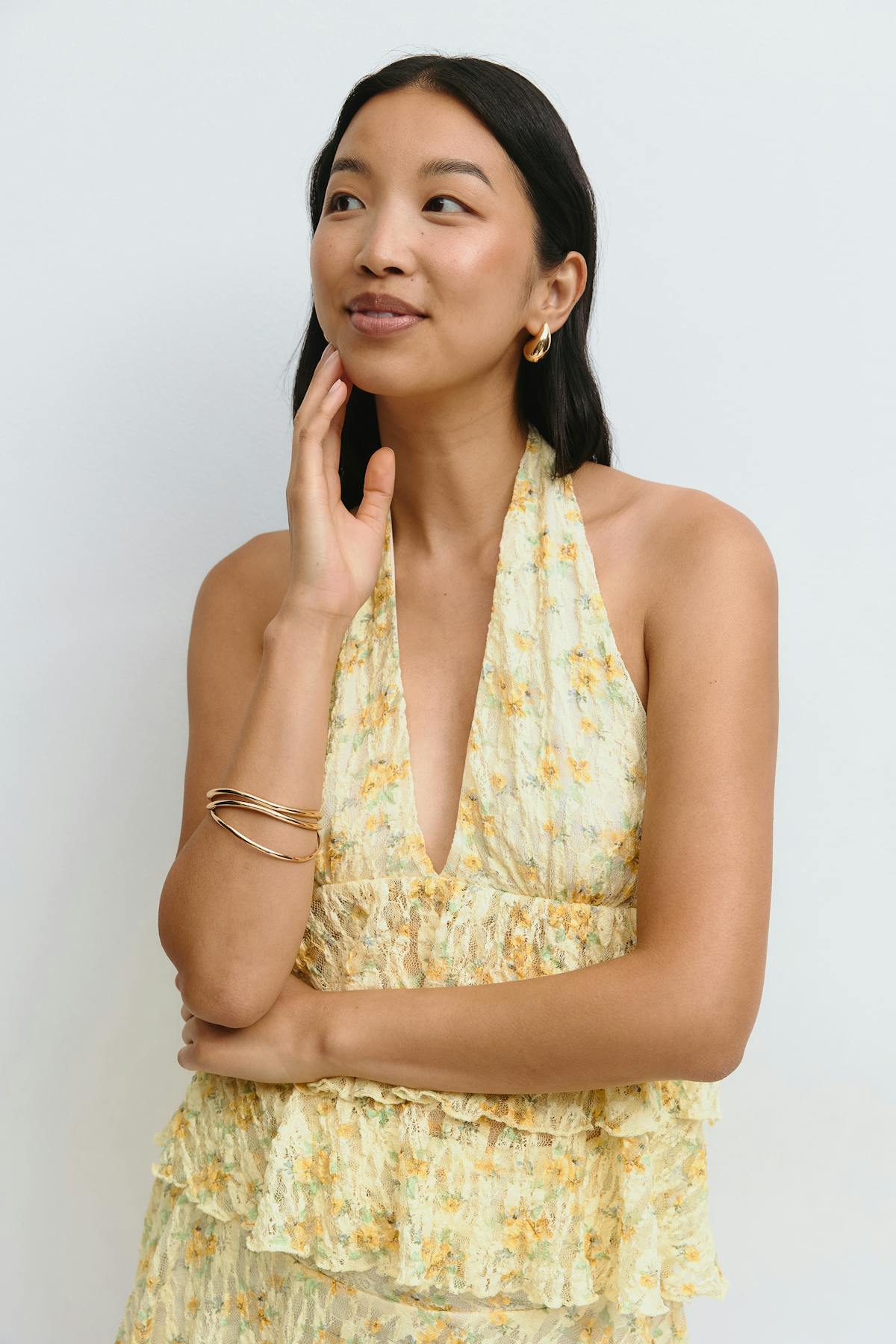 Printed lace halterneck top - Yellow ditsy