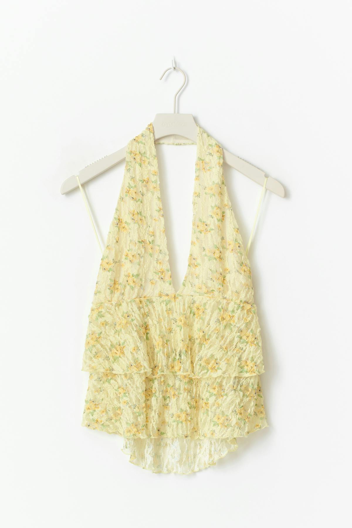 Printed lace halterneck top - Yellow ditsy