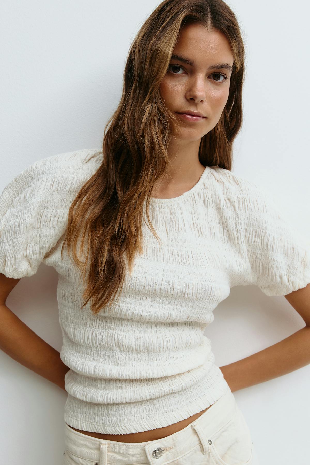 Textured puff sleeve top - Marshmallow