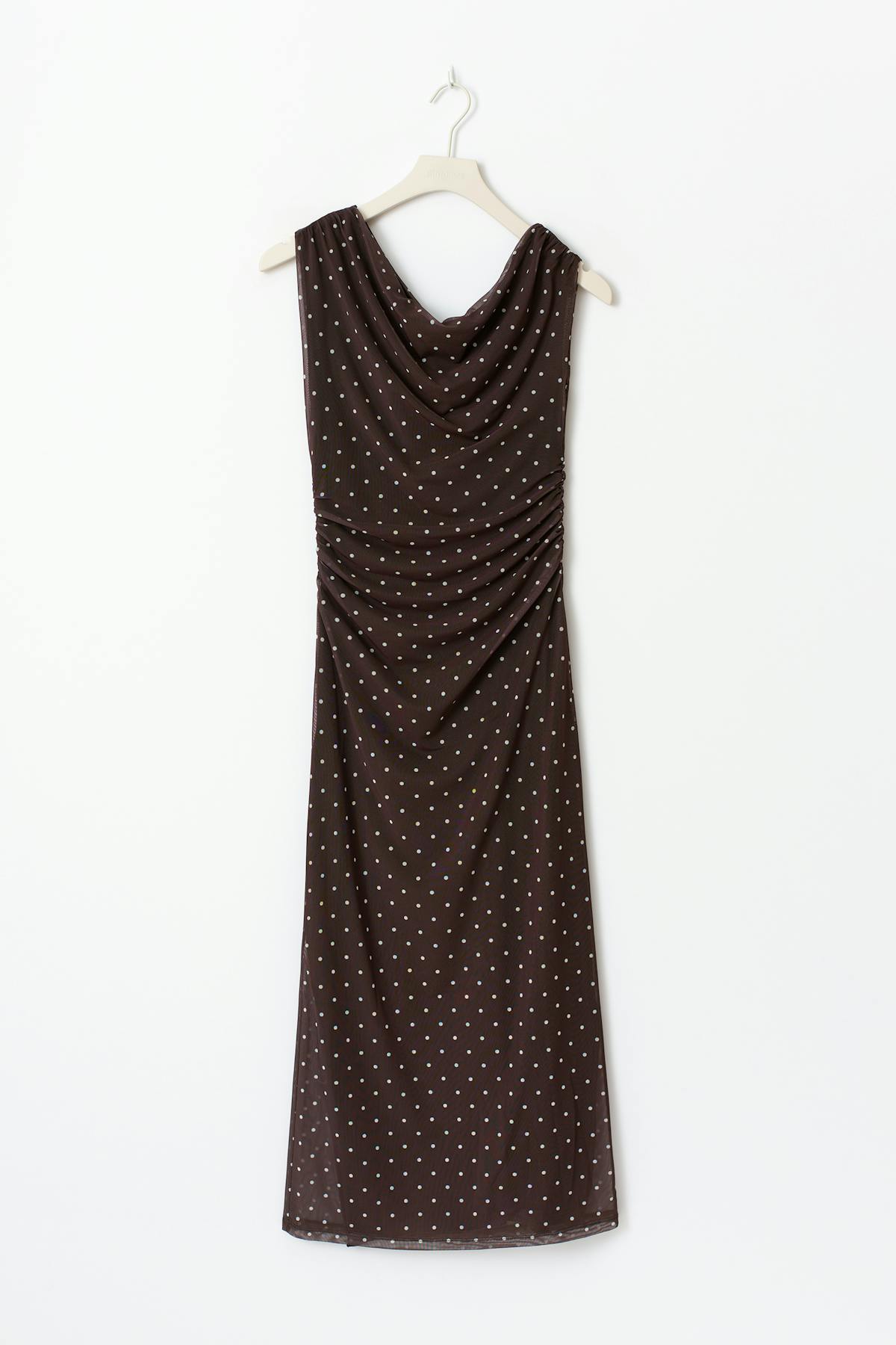 Asymmetric midi dress - Brown dot aop
