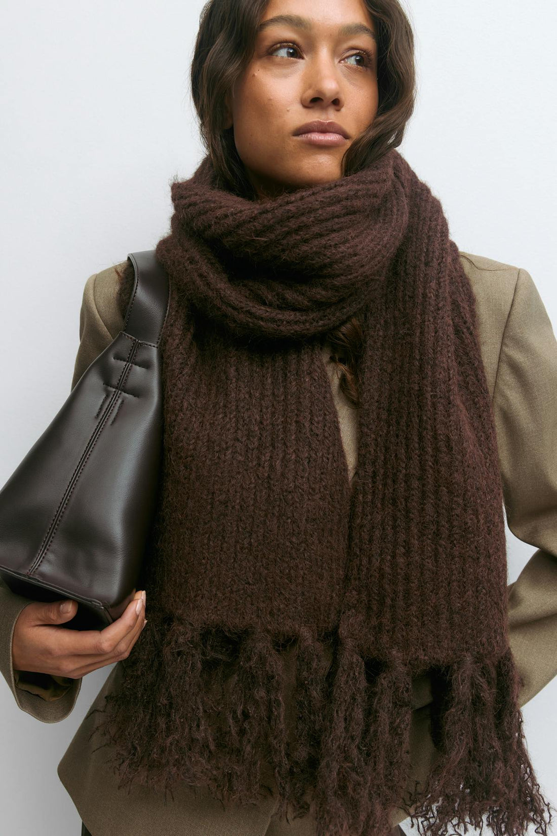 Chunky knit fringe scarf - Marron foncé