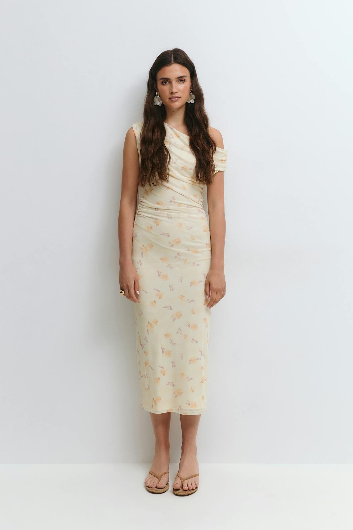 Asymmetric midi dress - Brown dot aop