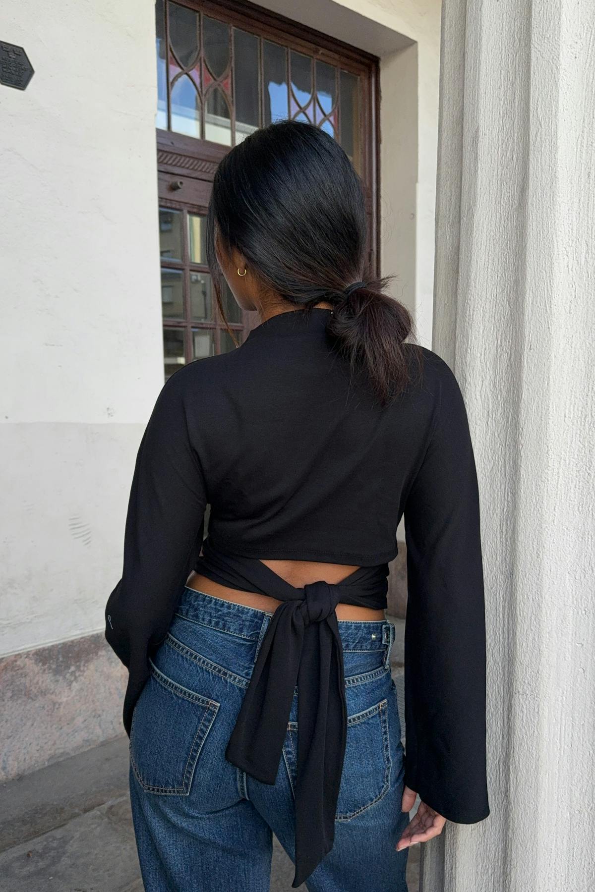 Tie back wide sleeve top - Blanc cassé