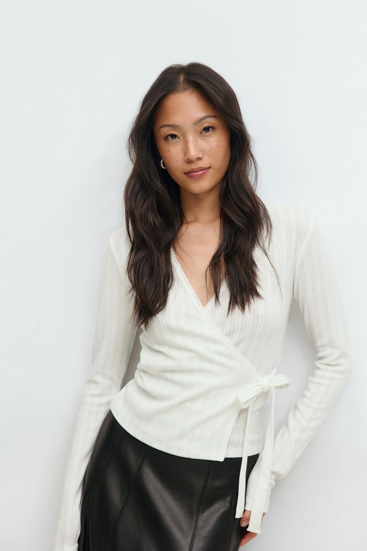 Pointelle wrap top - Almond oil