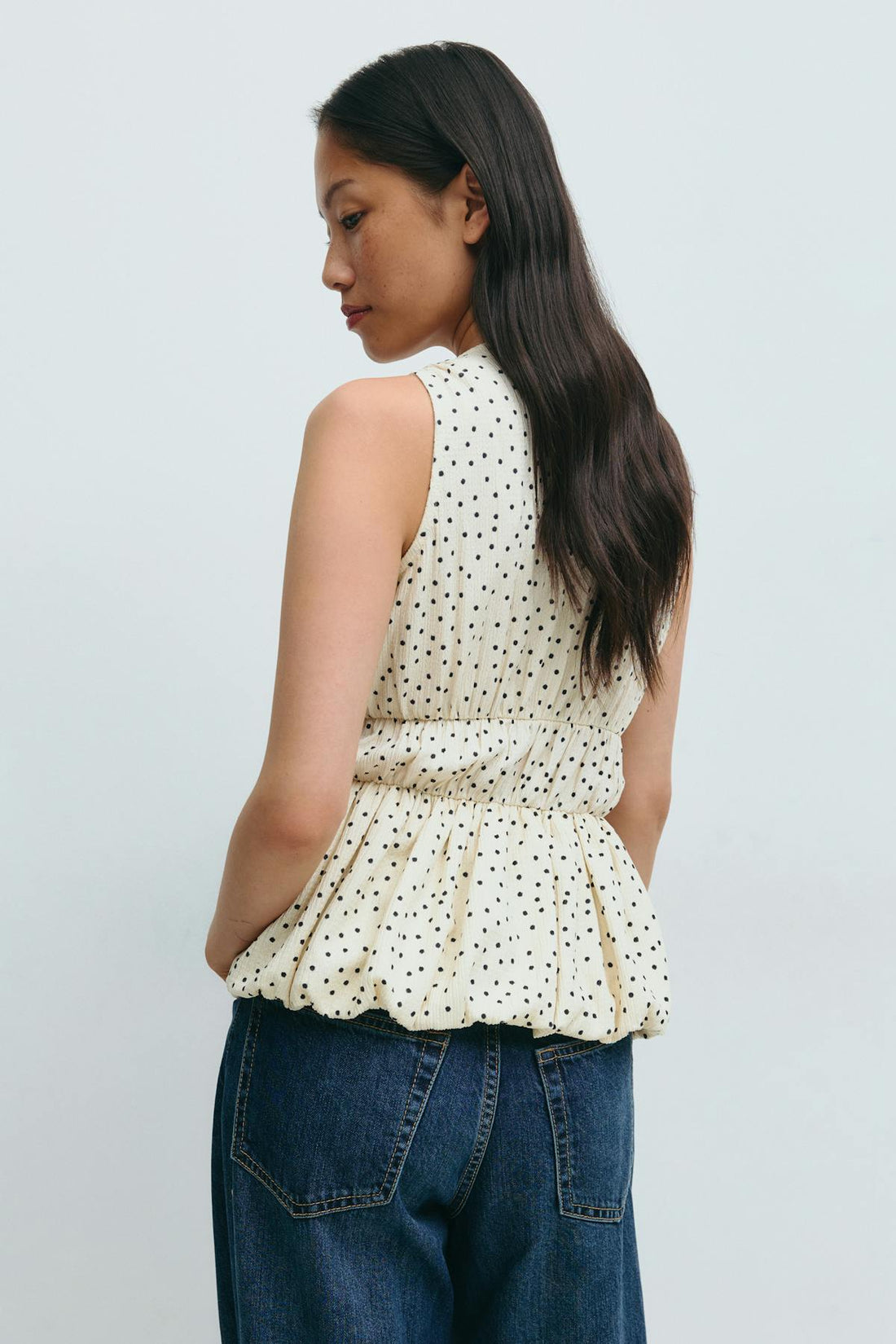 Balloon v-neck top - Cream dot