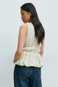 Balloon v-neck top - Cream dot