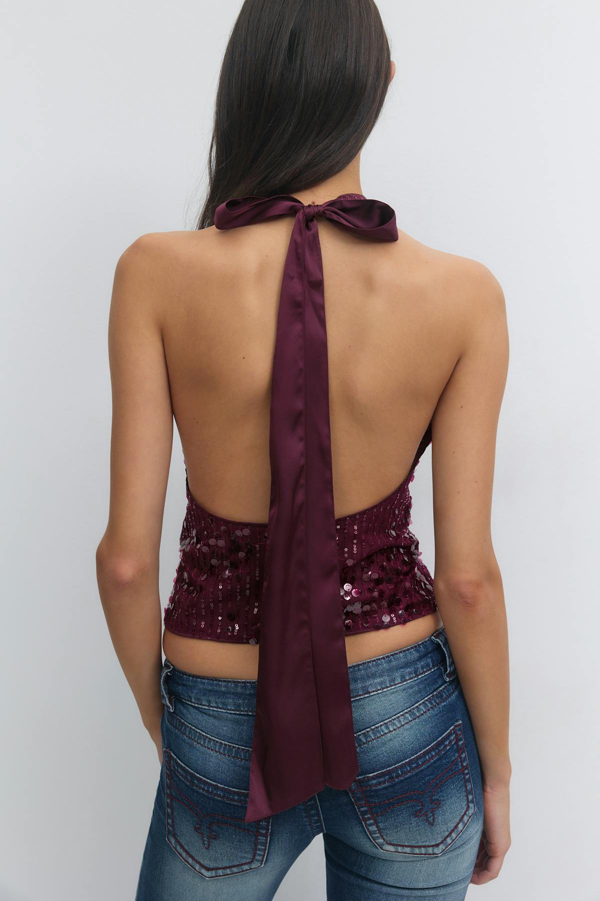 14+ sequin open back top - Rouge foncé