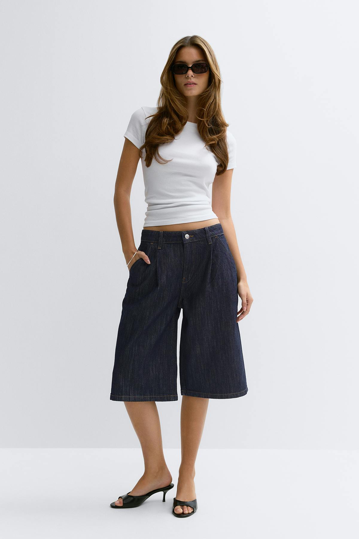 Tailored long denim shorts - Rinse